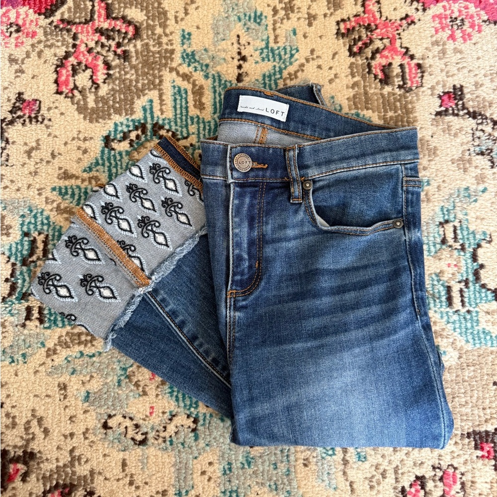 Ann Taylor LOFT Modern Skinny Ankle Crop Jeans | Embroidered Cuffs